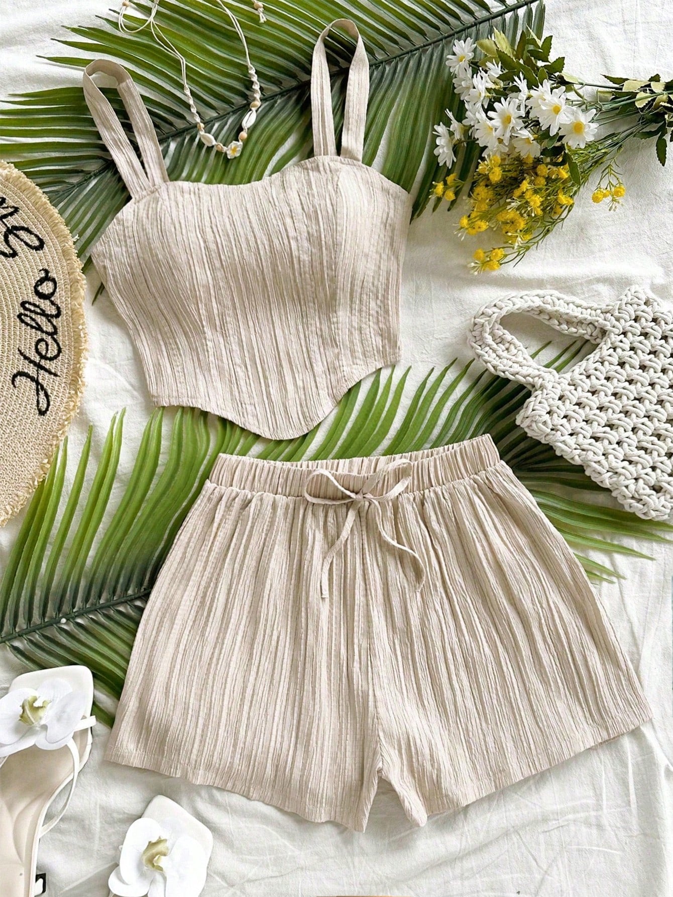 Soleia Women's Solid Color Camisole Top And Shorts Casual Tropical Boho 2 Pieces Vacation Set Beach Dark Green Summer No Chest Padding