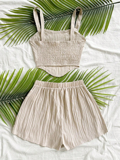 Soleia Women's Solid Color Camisole Top And Shorts Casual Tropical Boho 2 Pieces Vacation Set Beach Dark Green Summer No Chest Padding
