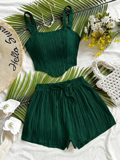Soleia Women's Solid Color Camisole Top And Shorts Casual Tropical Boho 2 Pieces Vacation Set Beach Dark Green Summer No Chest Padding