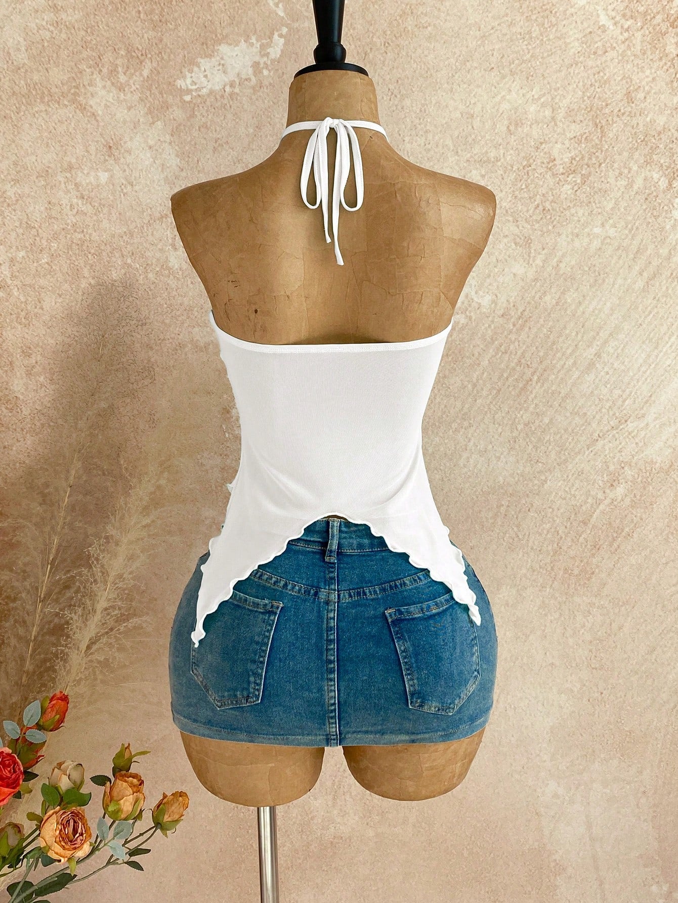 Soleia Women's White Halter Top,Seductive Asymmetrical Hem Sleeveless Tops With Seashell Decor,Elegant Summer Vacation,Beach Tops,No Breast Pads