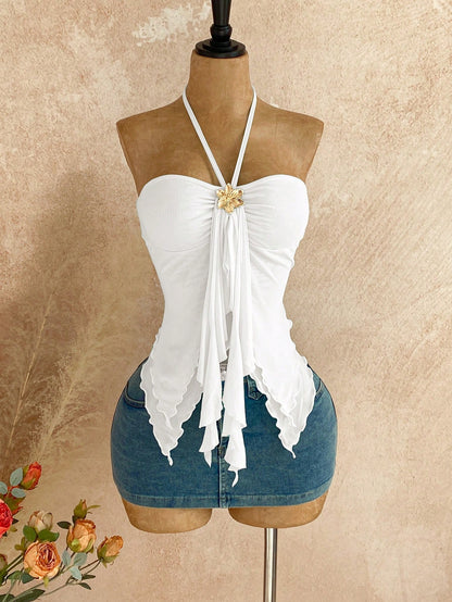 Soleia Women's White Halter Top,Seductive Asymmetrical Hem Sleeveless Tops With Seashell Decor,Elegant Summer Vacation,Beach Tops,No Breast Pads