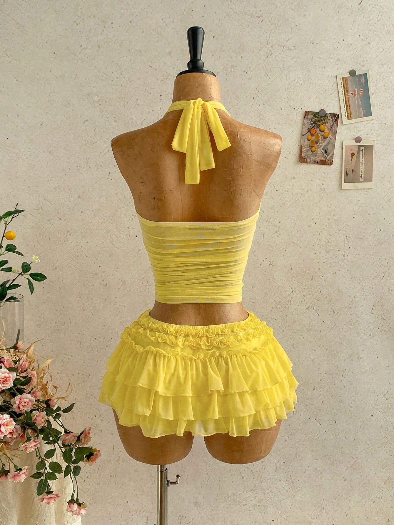 Soleia Women's Yellow Boho Chiffon Pleated Halter Top, Bow Tie Strap Neck,Beach Vacation Holiday Date Seaside Cruise Music Festival,No Chest Padding