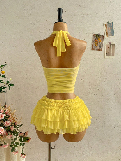Soleia Women's Yellow Boho Chiffon Pleated Halter Top, Bow Tie Strap Neck,Beach Vacation Holiday Date Seaside Cruise Music Festival,No Chest Padding