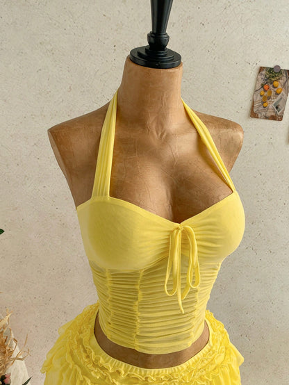 Soleia Women's Yellow Boho Chiffon Pleated Halter Top, Bow Tie Strap Neck,Beach Vacation Holiday Date Seaside Cruise Music Festival,No Chest Padding