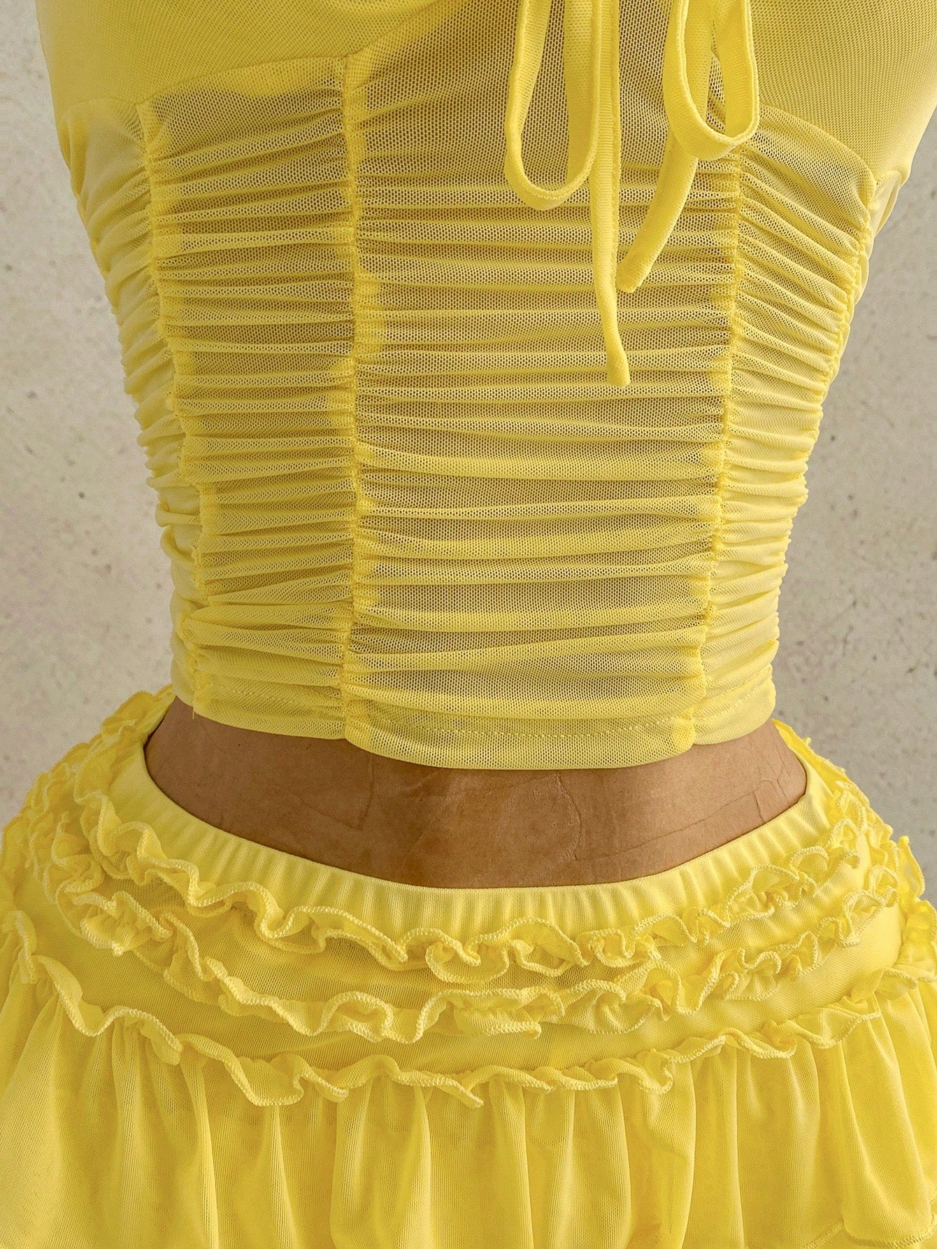 Soleia Women's Yellow Boho Chiffon Pleated Halter Top, Bow Tie Strap Neck,Beach Vacation Holiday Date Seaside Cruise Music Festival,No Chest Padding