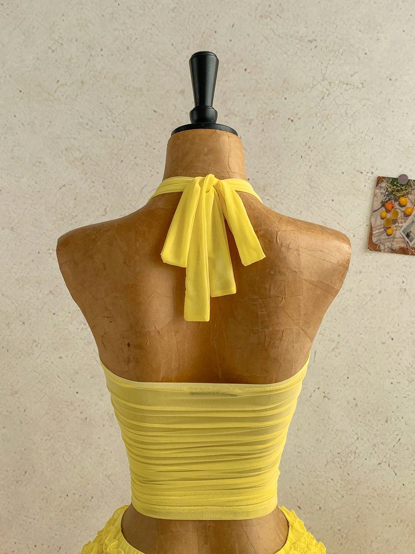 Soleia Women's Yellow Boho Chiffon Pleated Halter Top, Bow Tie Strap Neck,Beach Vacation Holiday Date Seaside Cruise Music Festival,No Chest Padding