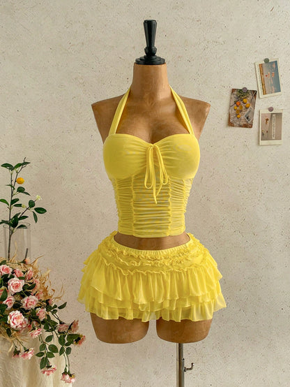 Soleia Women's Yellow Boho Chiffon Pleated Halter Top, Bow Tie Strap Neck,Beach Vacation Holiday Date Seaside Cruise Music Festival,No Chest Padding