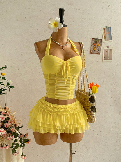 Soleia Women's Yellow Boho Chiffon Pleated Halter Top, Bow Tie Strap Neck,Beach Vacation Holiday Date Seaside Cruise Music Festival,No Chest Padding