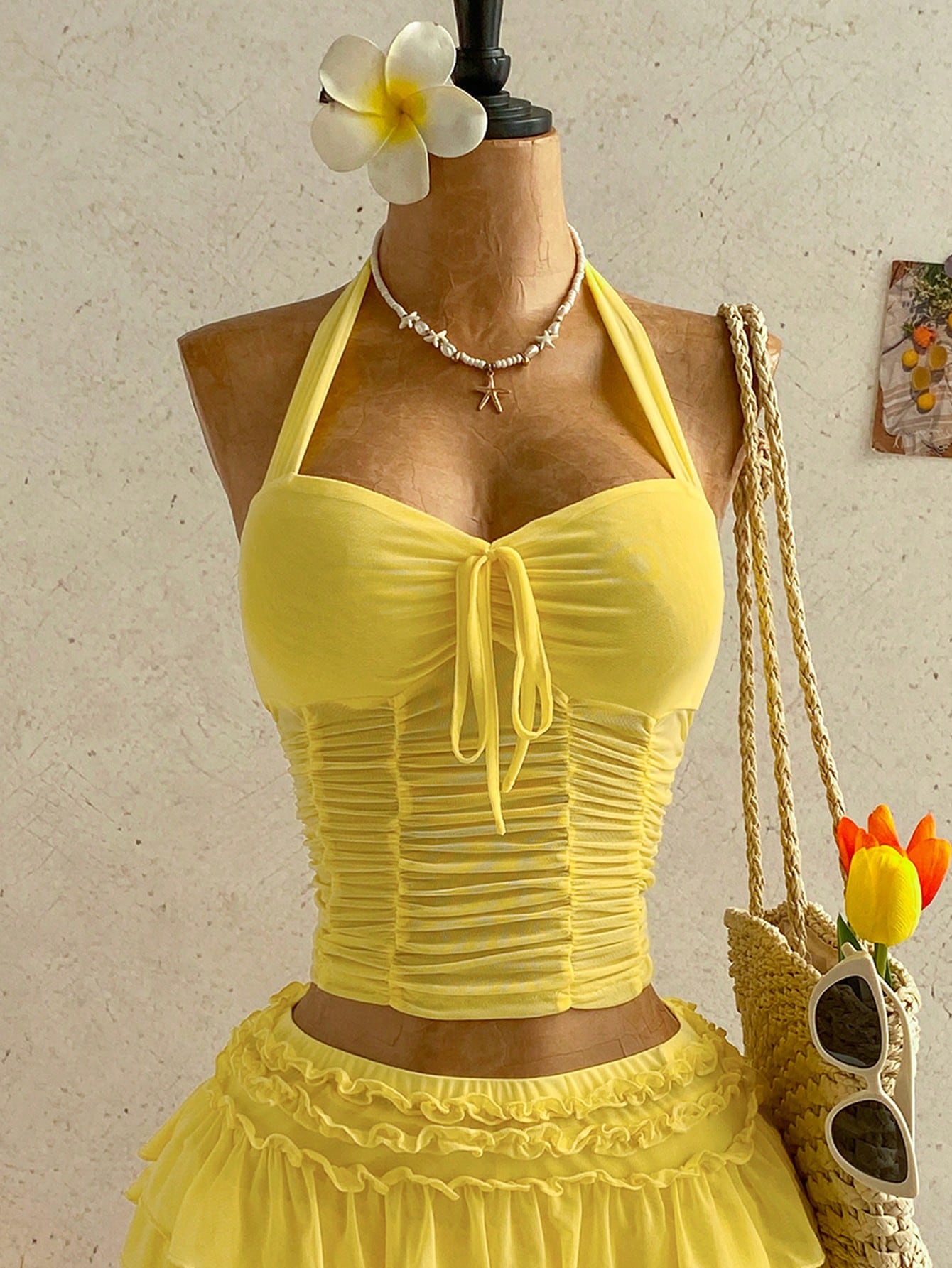 Soleia Women's Yellow Boho Chiffon Pleated Halter Top, Bow Tie Strap Neck,Beach Vacation Holiday Date Seaside Cruise Music Festival,No Chest Padding