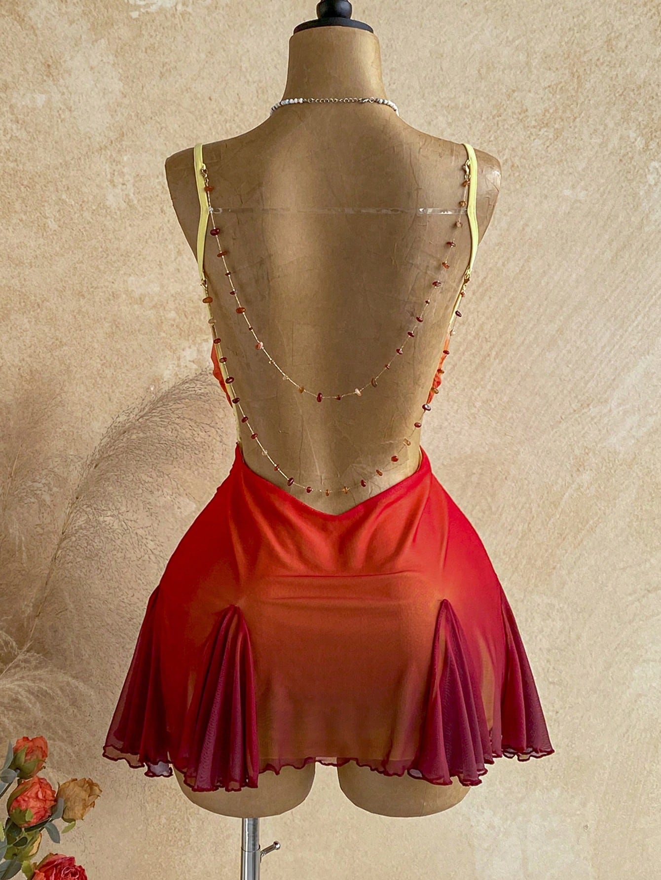 Soleia Young Girly Mesh Spaghetti Strap Mini Dress,Plunging Neckline,Backless Double Chain,Red Orange,Summer,70s,Night Out,Party, Beach Outfit