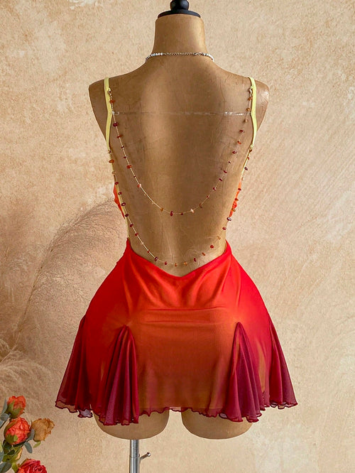 Soleia Young Girly Mesh Spaghetti Strap Mini Dress,Plunging Neckline,Backless Double Chain,Red Orange,Summer,70s,Night Out,Party, Beach Outfit