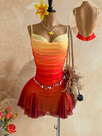 Soleia Young Girly Mesh Spaghetti Strap Mini Dress,Plunging Neckline,Backless Double Chain,Red Orange,Summer,70s,Night Out,Party, Beach Outfit