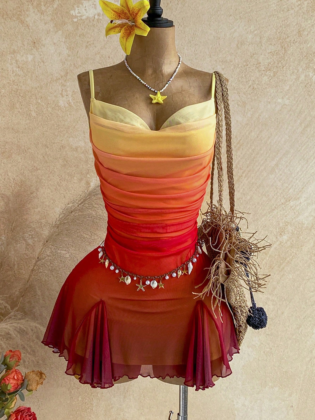 Soleia Young Girly Mesh Spaghetti Strap Mini Dress,Plunging Neckline,Backless Double Chain,Red Orange,Summer,70s,Night Out,Party, Beach Outfit