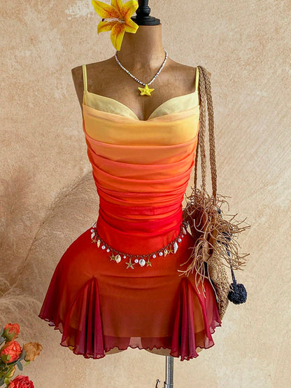 Soleia Young Girly Mesh Spaghetti Strap Mini Dress,Plunging Neckline,Backless Double Chain,Red Orange,Summer,70s,Night Out,Party, Beach Outfit