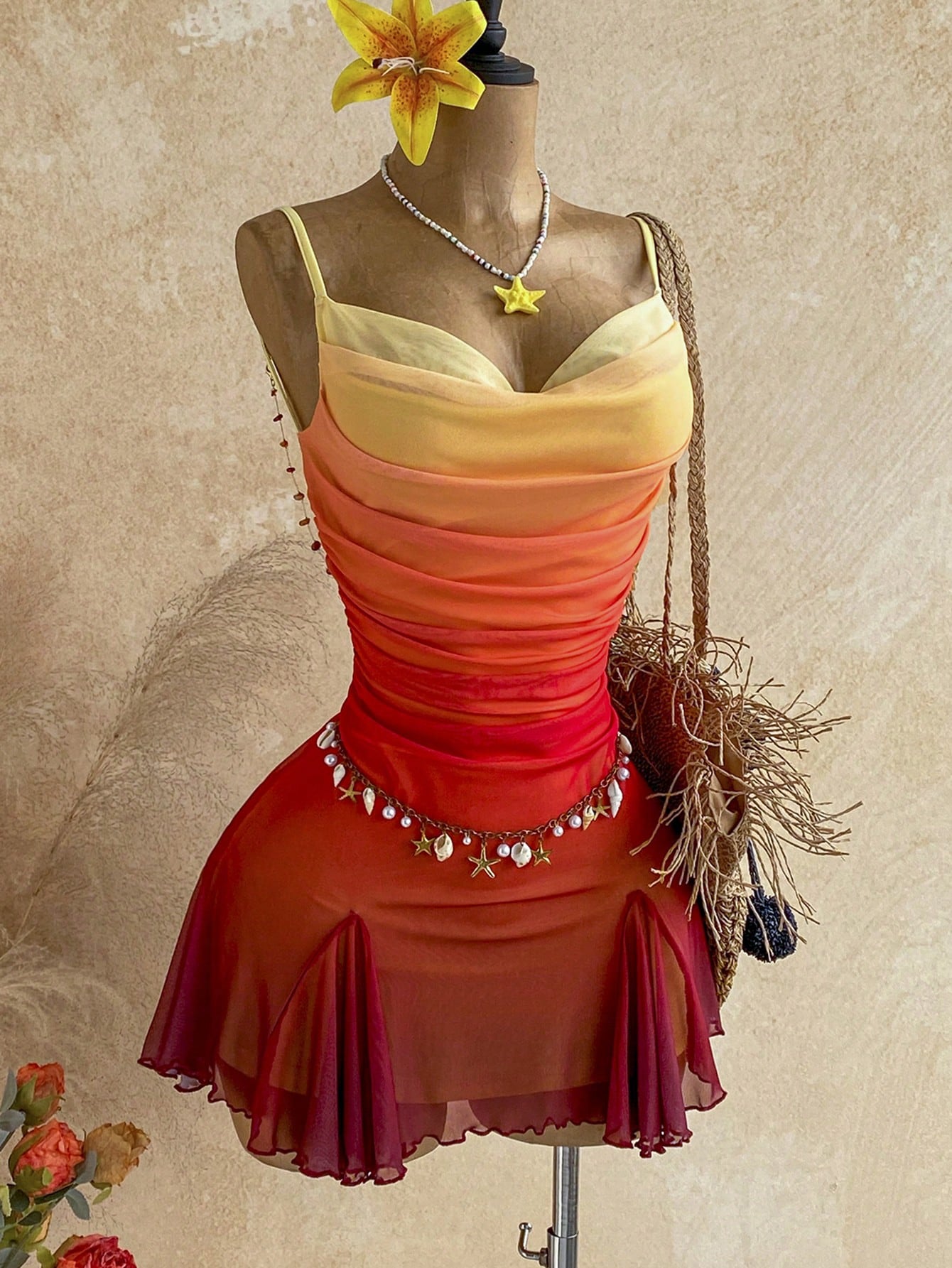 Soleia Young Girly Mesh Spaghetti Strap Mini Dress,Plunging Neckline,Backless Double Chain,Red Orange,Summer,70s,Night Out,Party, Beach Outfit
