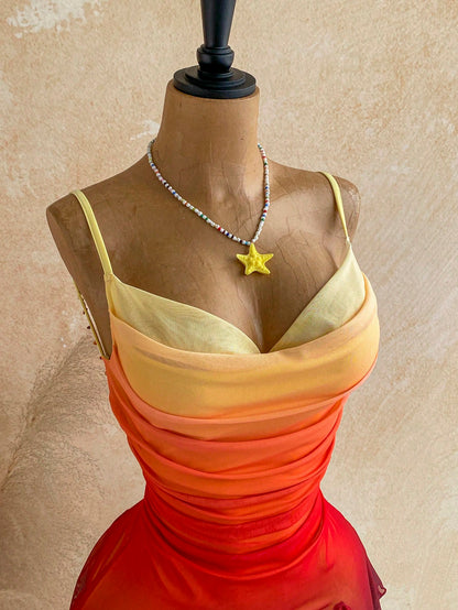 Soleia Young Girly Mesh Spaghetti Strap Mini Dress,Plunging Neckline,Backless Double Chain,Red Orange,Summer,70s,Night Out,Party, Beach Outfit