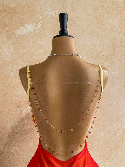 Soleia Young Girly Mesh Spaghetti Strap Mini Dress,Plunging Neckline,Backless Double Chain,Red Orange,Summer,70s,Night Out,Party, Beach Outfit