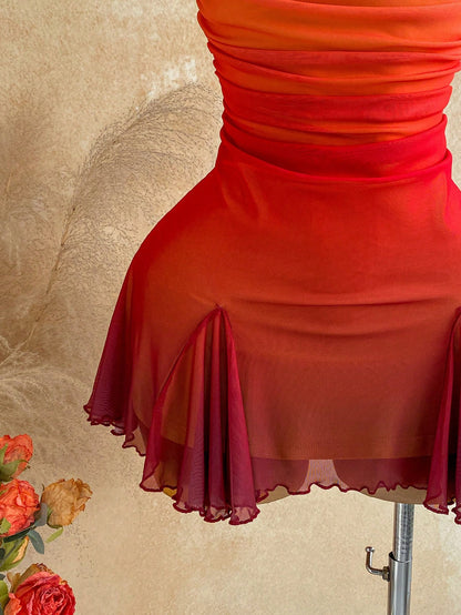 Soleia Young Girly Mesh Spaghetti Strap Mini Dress,Plunging Neckline,Backless Double Chain,Red Orange,Summer,70s,Night Out,Party, Beach Outfit