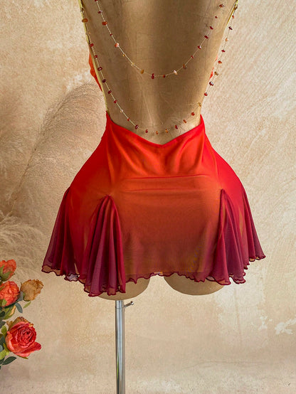 Soleia Young Girly Mesh Spaghetti Strap Mini Dress,Plunging Neckline,Backless Double Chain,Red Orange,Summer,70s,Night Out,Party, Beach Outfit