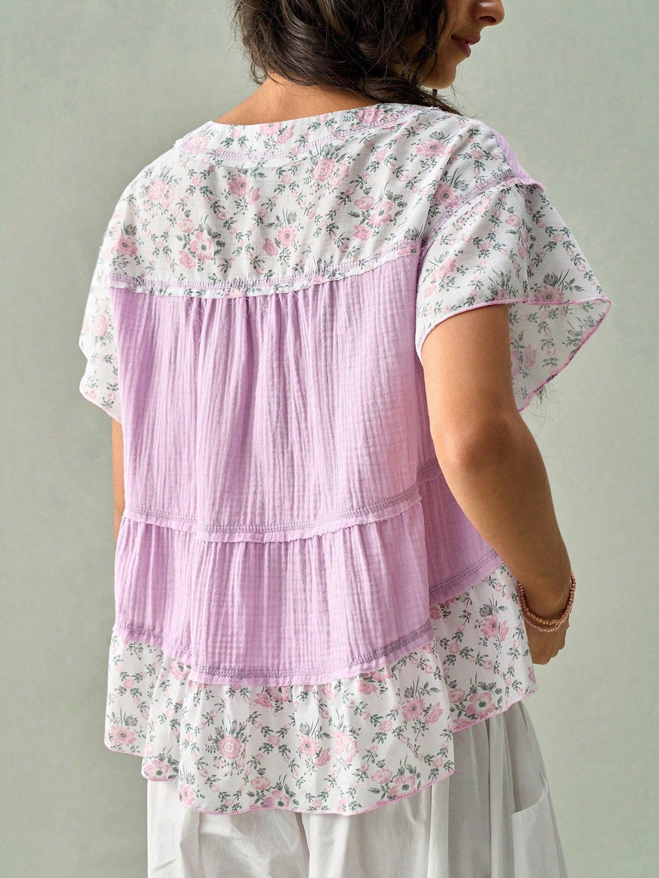 SoleilVie Lavender,Summer,Boho,Holiday,Vacation,Holiday French V-Neck Blouse,Textured Crinkled Fabric,Ditsy Floral Panels,Ruffled Sleeves,Cropped Top