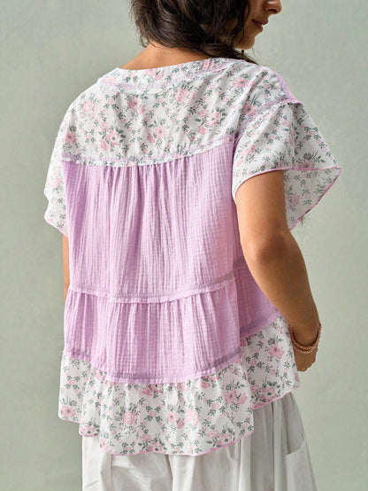 SoleilVie Lavender,Summer,Boho,Holiday,Vacation,Holiday French V-Neck Blouse,Textured Crinkled Fabric,Ditsy Floral Panels,Ruffled Sleeves,Cropped Top