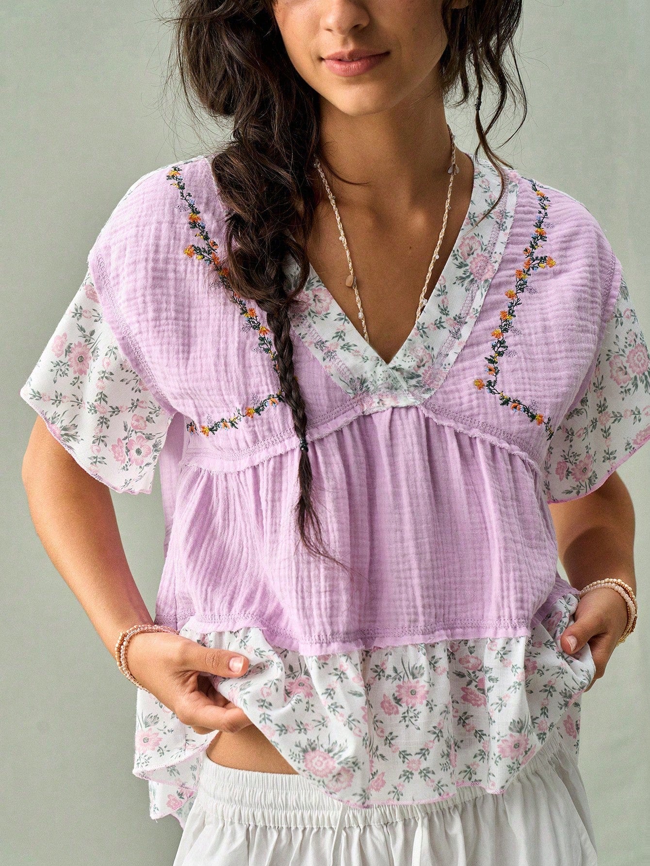 SoleilVie Lavender,Summer,Boho,Holiday,Vacation,Holiday French V-Neck Blouse,Textured Crinkled Fabric,Ditsy Floral Panels,Ruffled Sleeves,Cropped Top