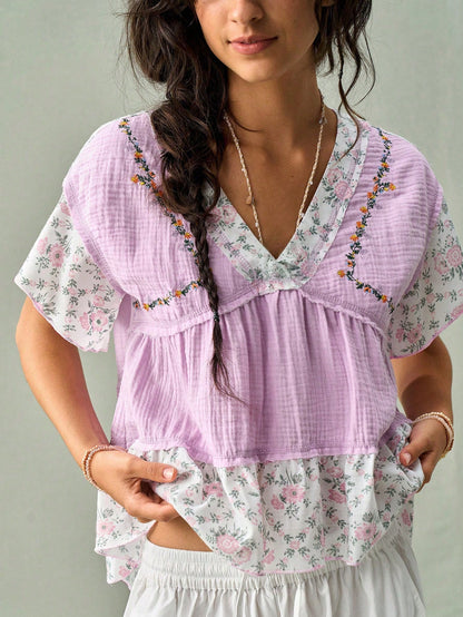 SoleilVie Lavender,Summer,Boho,Holiday,Vacation,Holiday French V-Neck Blouse,Textured Crinkled Fabric,Ditsy Floral Panels,Ruffled Sleeves,Cropped Top