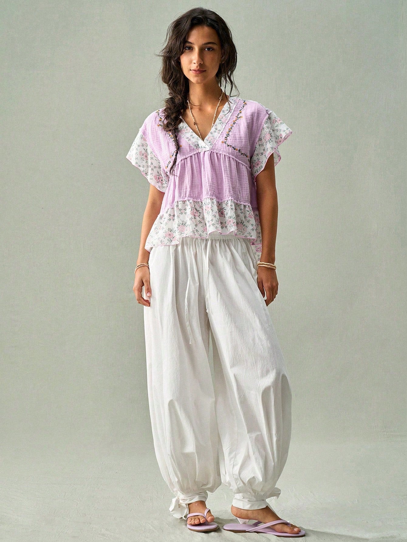 SoleilVie Lavender,Summer,Boho,Holiday,Vacation,Holiday French V-Neck Blouse,Textured Crinkled Fabric,Ditsy Floral Panels,Ruffled Sleeves,Cropped Top