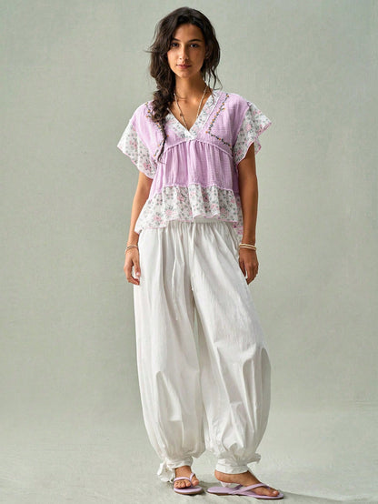 SoleilVie Lavender,Summer,Boho,Holiday,Vacation,Holiday French V-Neck Blouse,Textured Crinkled Fabric,Ditsy Floral Panels,Ruffled Sleeves,Cropped Top