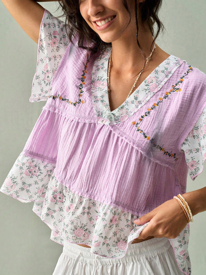 SoleilVie Lavender,Summer,Boho,Holiday,Vacation,Holiday French V-Neck Blouse,Textured Crinkled Fabric,Ditsy Floral Panels,Ruffled Sleeves,Cropped Top