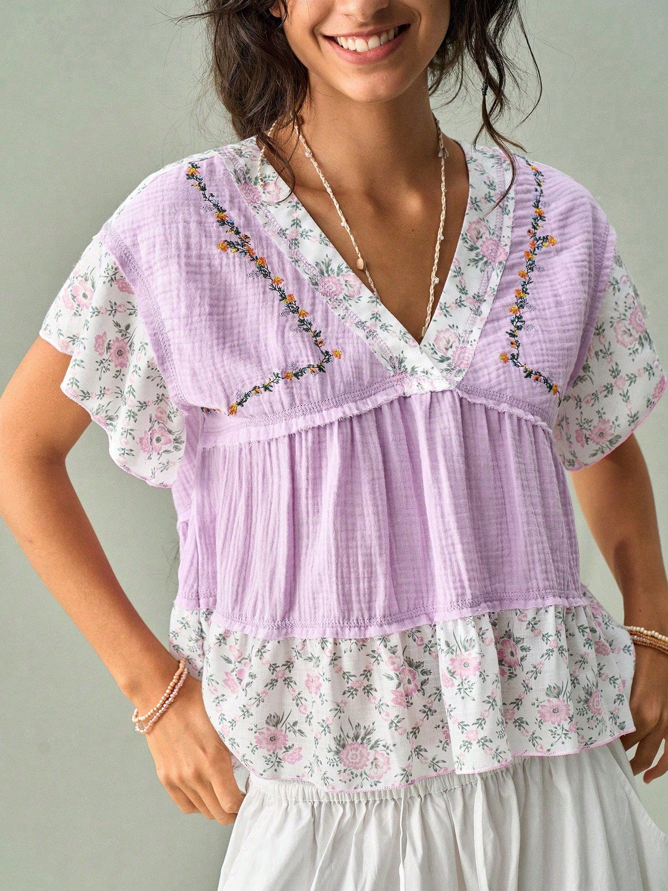 SoleilVie Lavender,Summer,Boho,Holiday,Vacation,Holiday French V-Neck Blouse,Textured Crinkled Fabric,Ditsy Floral Panels,Ruffled Sleeves,Cropped Top
