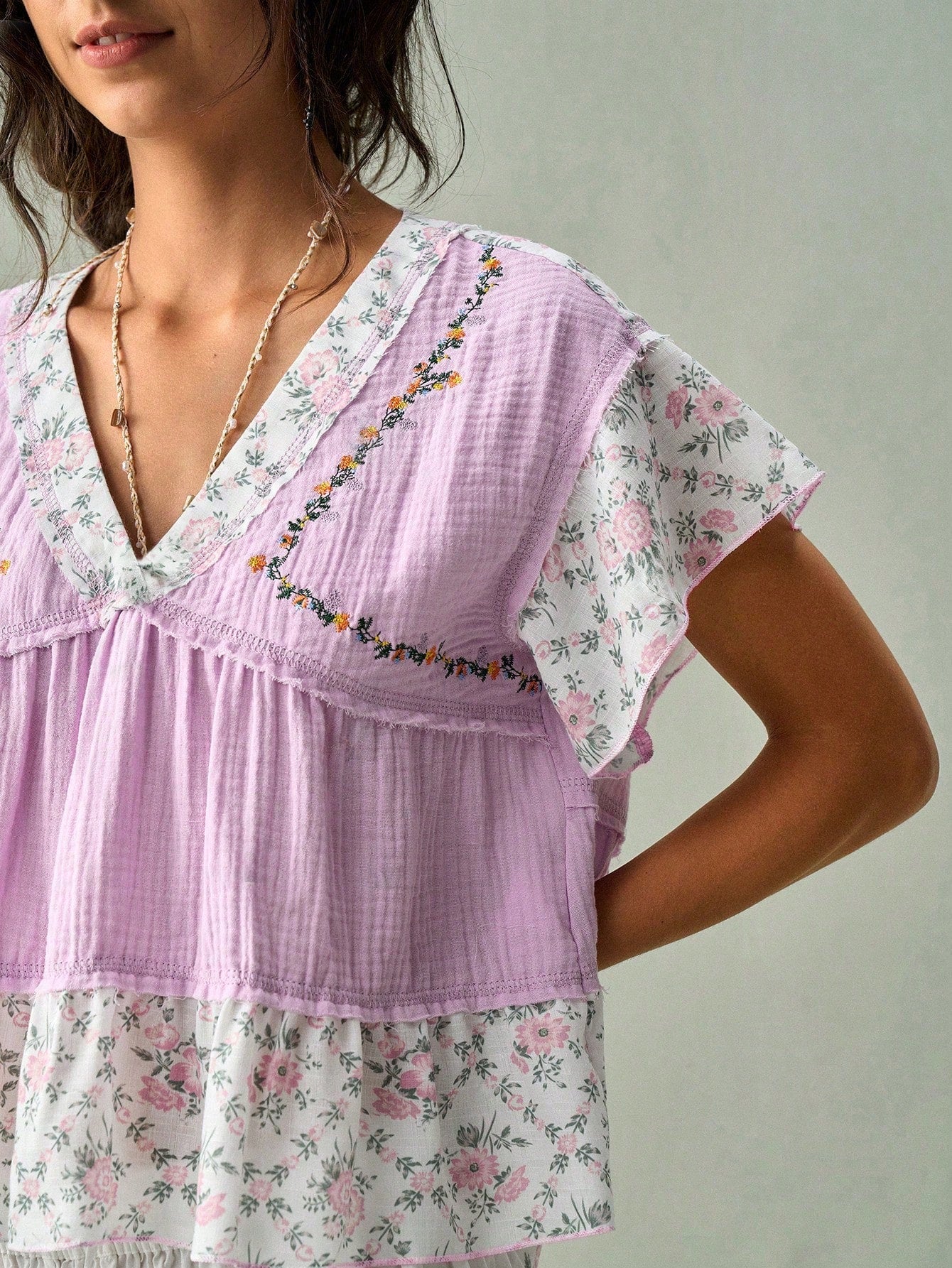 SoleilVie Lavender,Summer,Boho,Holiday,Vacation,Holiday French V-Neck Blouse,Textured Crinkled Fabric,Ditsy Floral Panels,Ruffled Sleeves,Cropped Top
