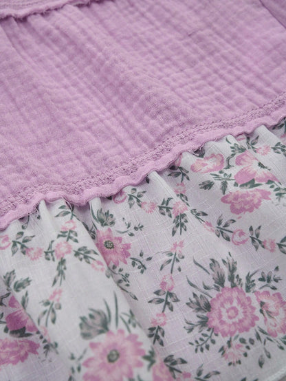 SoleilVie Lavender,Summer,Boho,Holiday,Vacation,Holiday French V-Neck Blouse,Textured Crinkled Fabric,Ditsy Floral Panels,Ruffled Sleeves,Cropped Top