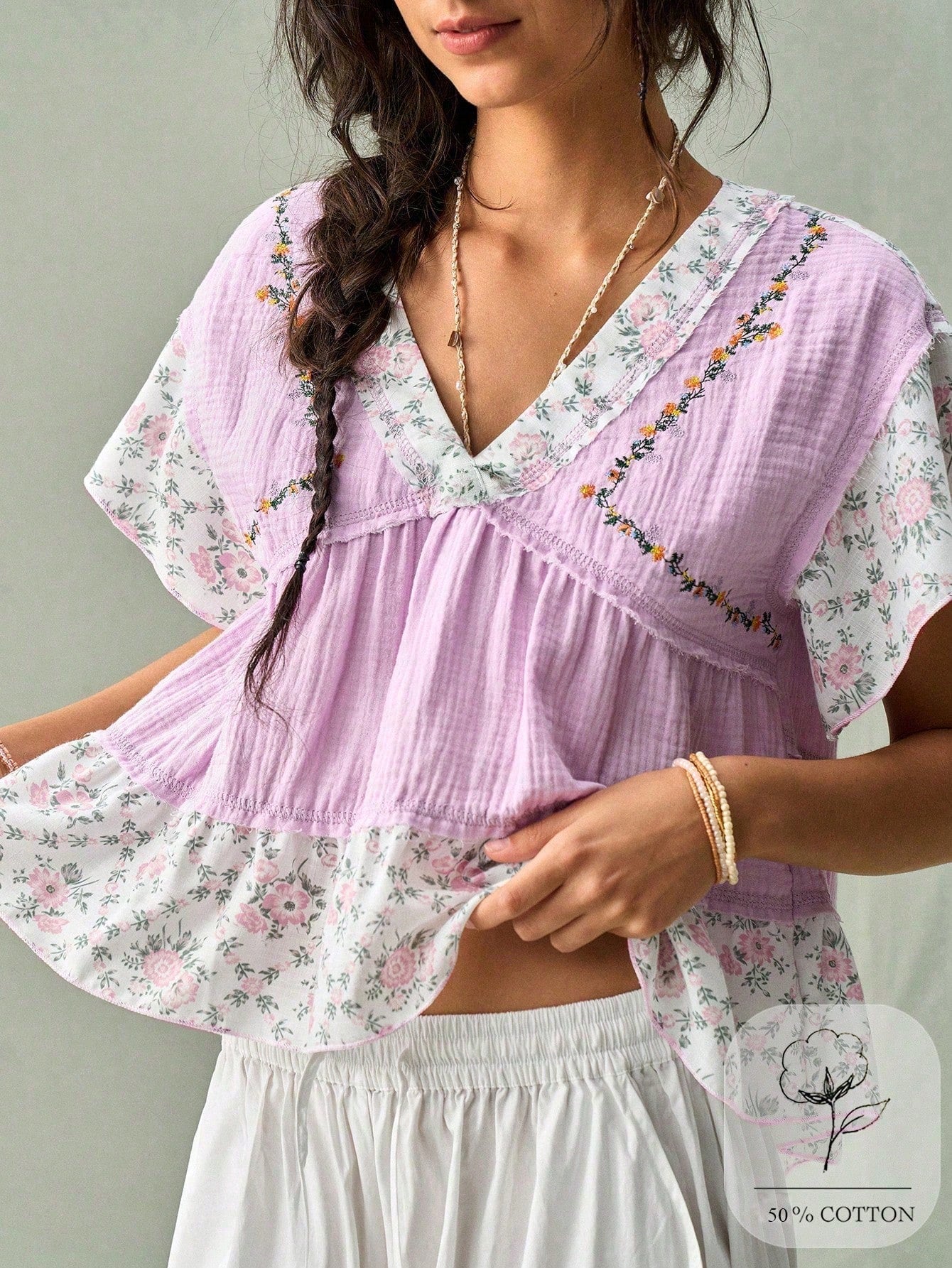 SoleilVie Lavender,Summer,Boho,Holiday,Vacation,Holiday French V-Neck Blouse,Textured Crinkled Fabric,Ditsy Floral Panels,Ruffled Sleeves,Cropped Top
