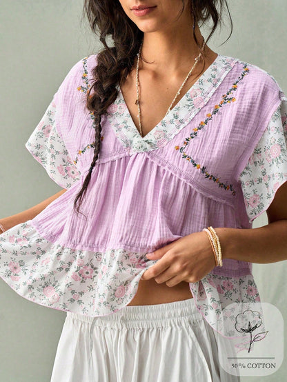 SoleilVie Lavender,Summer,Boho,Holiday,Vacation,Holiday French V-Neck Blouse,Textured Crinkled Fabric,Ditsy Floral Panels,Ruffled Sleeves,Cropped Top