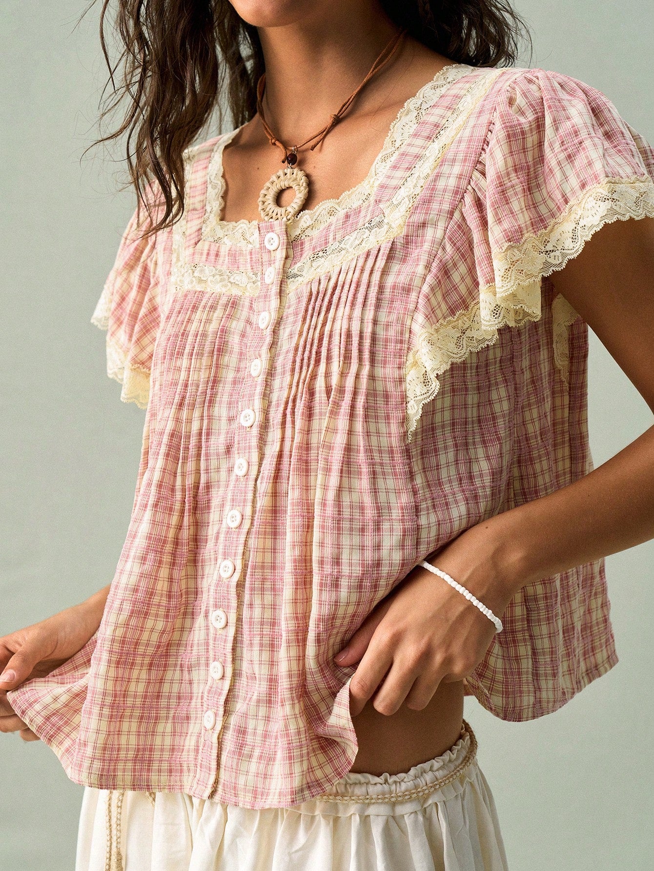 SoleilVie Women's Square Collar Button-Up Floral Lace Patchwork Ruffle Sleeve Blouse