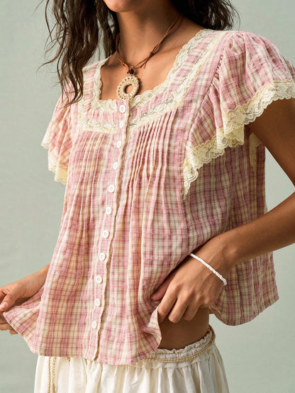 SoleilVie Women's Square Collar Button-Up Floral Lace Patchwork Ruffle Sleeve Blouse