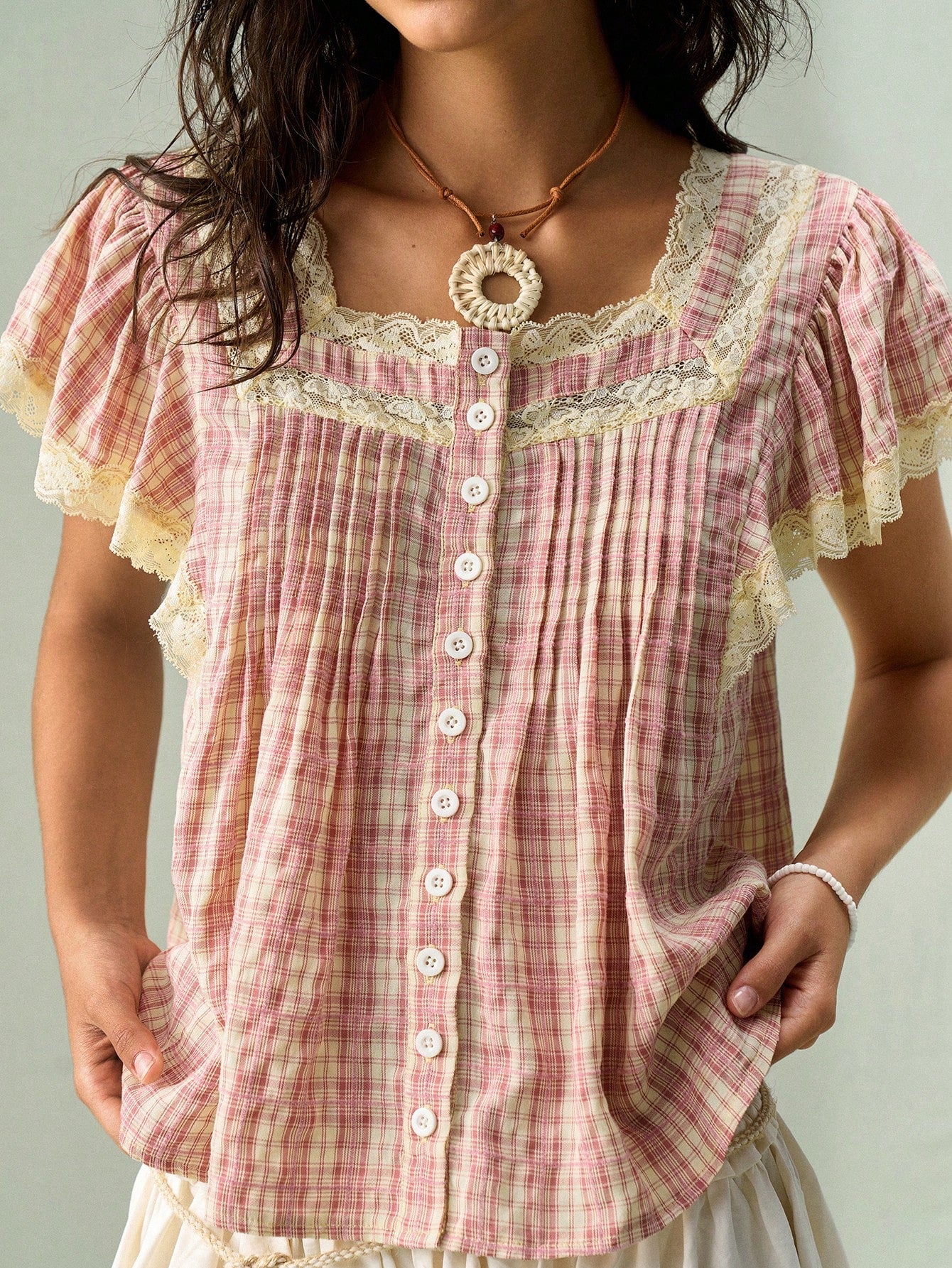 SoleilVie Women's Square Collar Button-Up Floral Lace Patchwork Ruffle Sleeve Blouse
