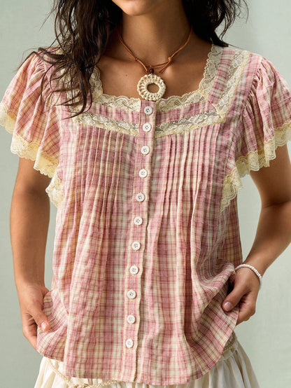 SoleilVie Women's Square Collar Button-Up Floral Lace Patchwork Ruffle Sleeve Blouse