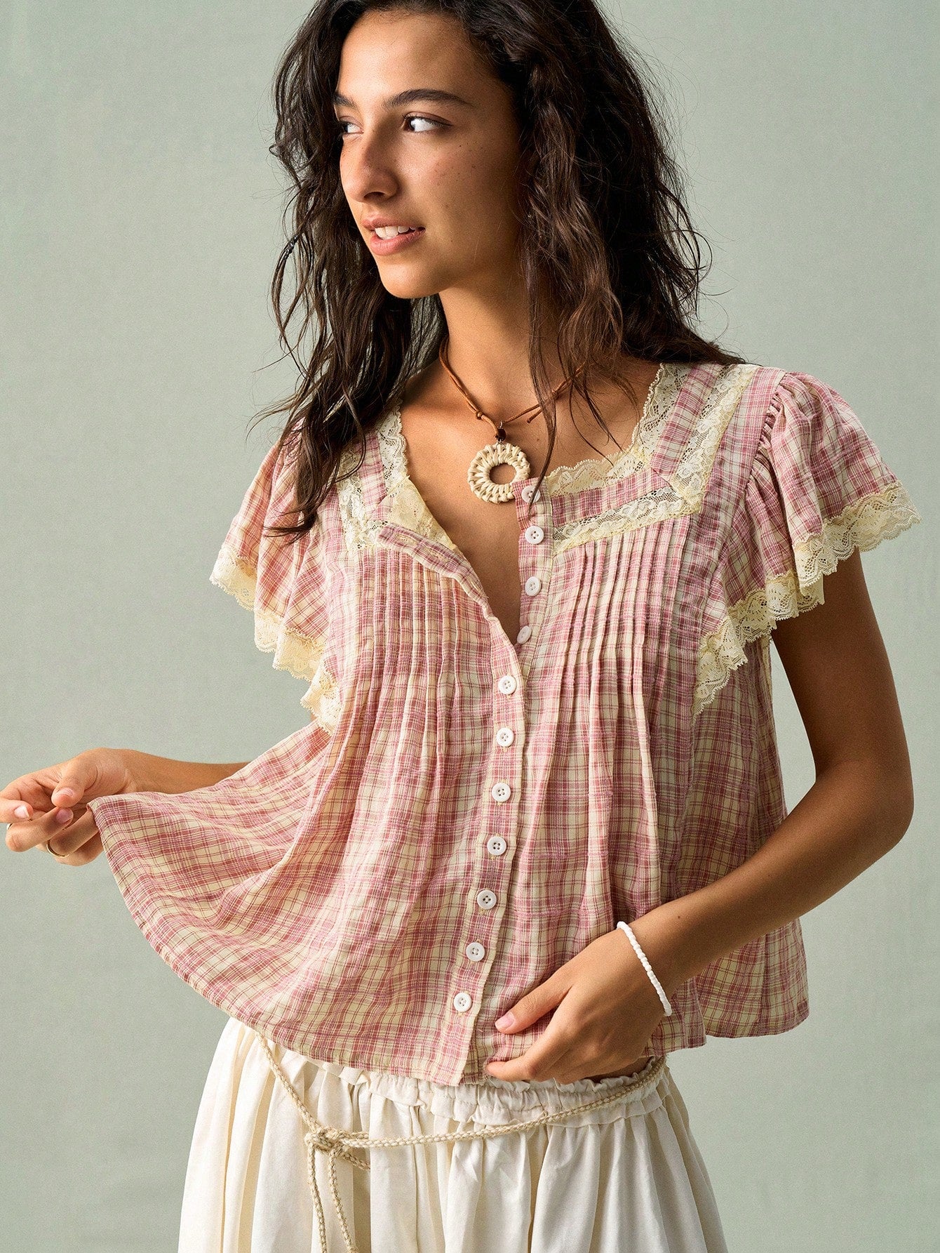 SoleilVie Women's Square Collar Button-Up Floral Lace Patchwork Ruffle Sleeve Blouse