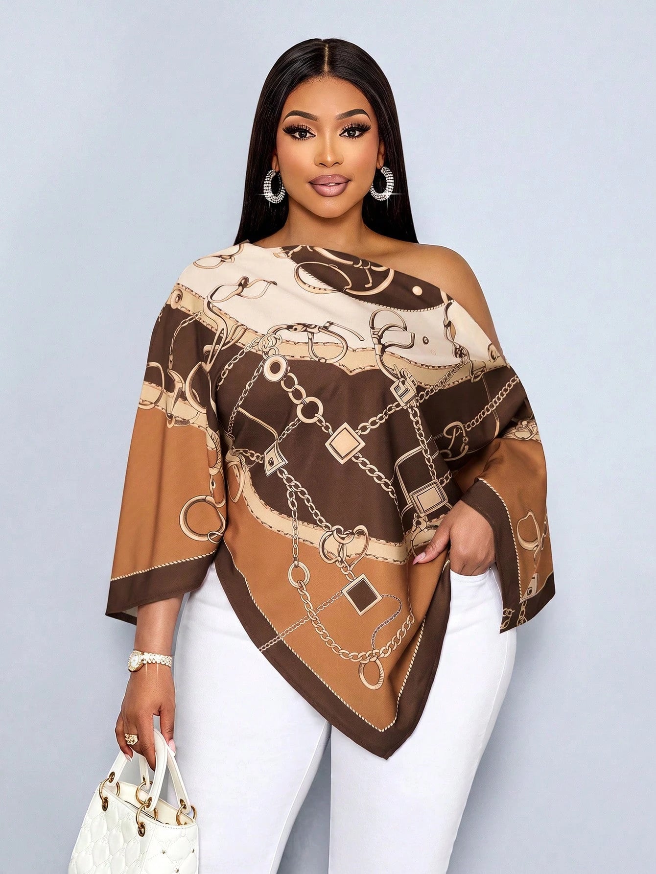 SOLERSUN Plus Size Women's Autumn/Winter Fashion Casual Elegant Old Money Style Asymmetrical Neck Asymmetrical Shoulder Blouse With Scarf Hem Loose Fit Geometric Positioned Print Brown Khaki Orange Mu
