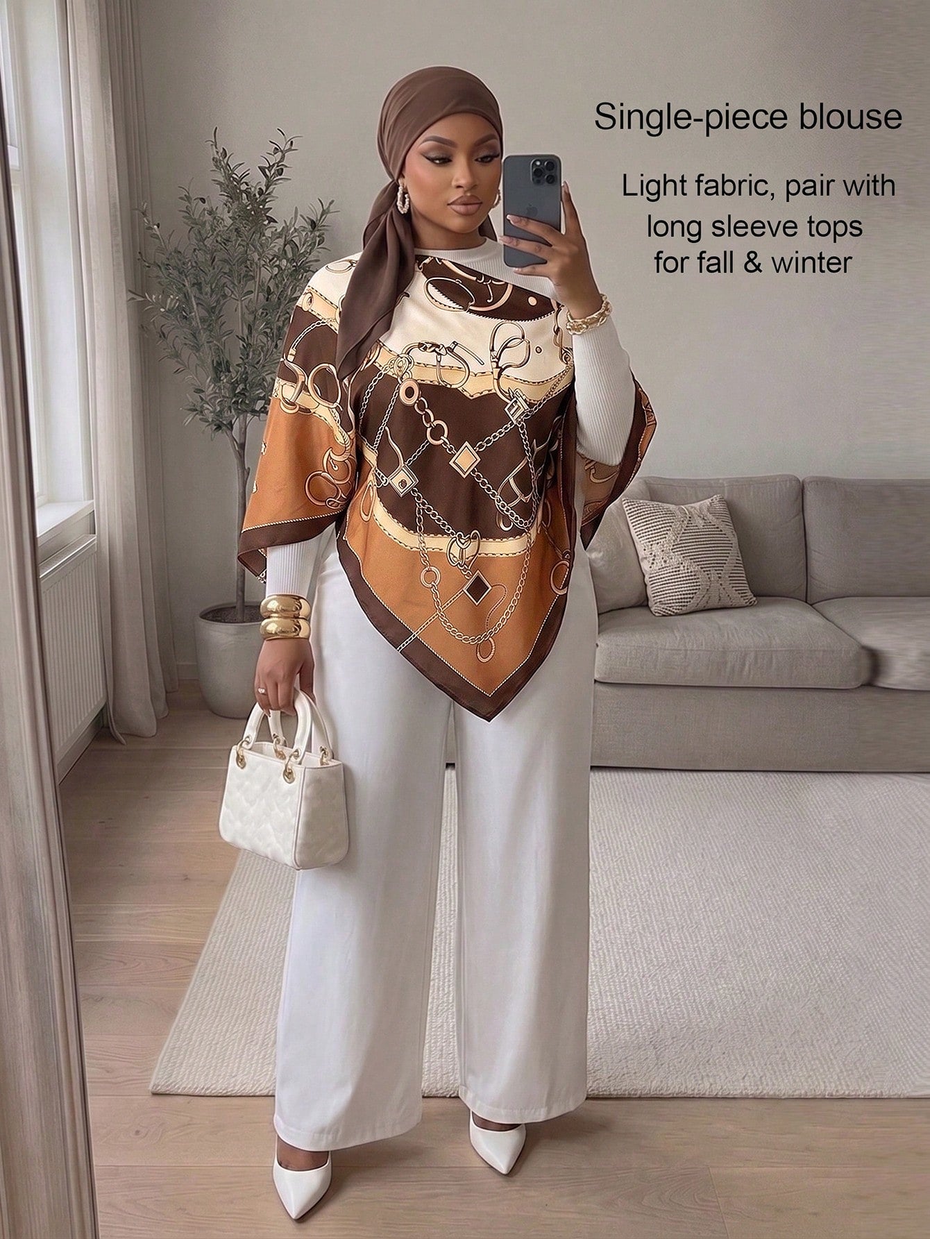 SOLERSUN Plus Size Women's Autumn/Winter Fashion Casual Elegant Old Money Style Asymmetrical Neck Asymmetrical Shoulder Blouse With Scarf Hem Loose Fit Geometric Positioned Print Brown Khaki Orange Mu