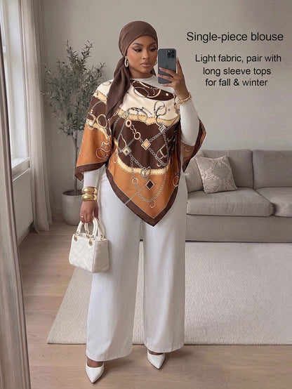 SOLERSUN Plus Size Women's Autumn/Winter Fashion Casual Elegant Old Money Style Asymmetrical Neck Asymmetrical Shoulder Blouse With Scarf Hem Loose Fit Geometric Positioned Print Brown Khaki Orange Mu