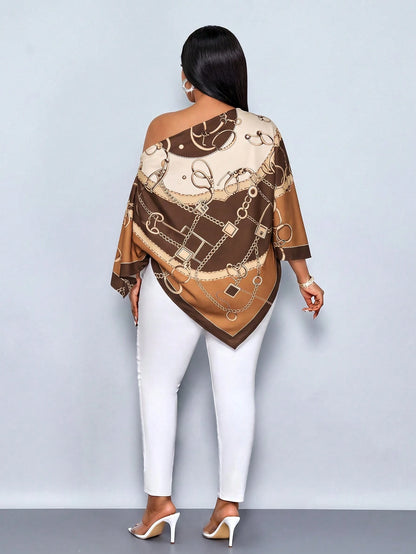 SOLERSUN Plus Size Women's Autumn/Winter Fashion Casual Elegant Old Money Style Asymmetrical Neck Asymmetrical Shoulder Blouse With Scarf Hem Loose Fit Geometric Positioned Print Brown Khaki Orange Mu