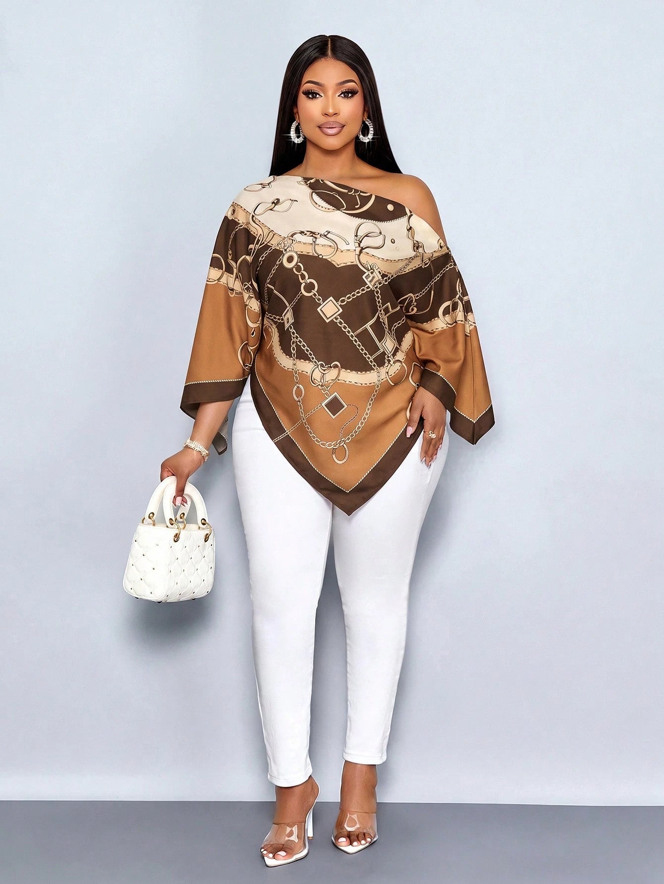 SOLERSUN Plus Size Women's Autumn/Winter Fashion Casual Elegant Old Money Style Asymmetrical Neck Asymmetrical Shoulder Blouse With Scarf Hem Loose Fit Geometric Positioned Print Brown Khaki Orange Mu