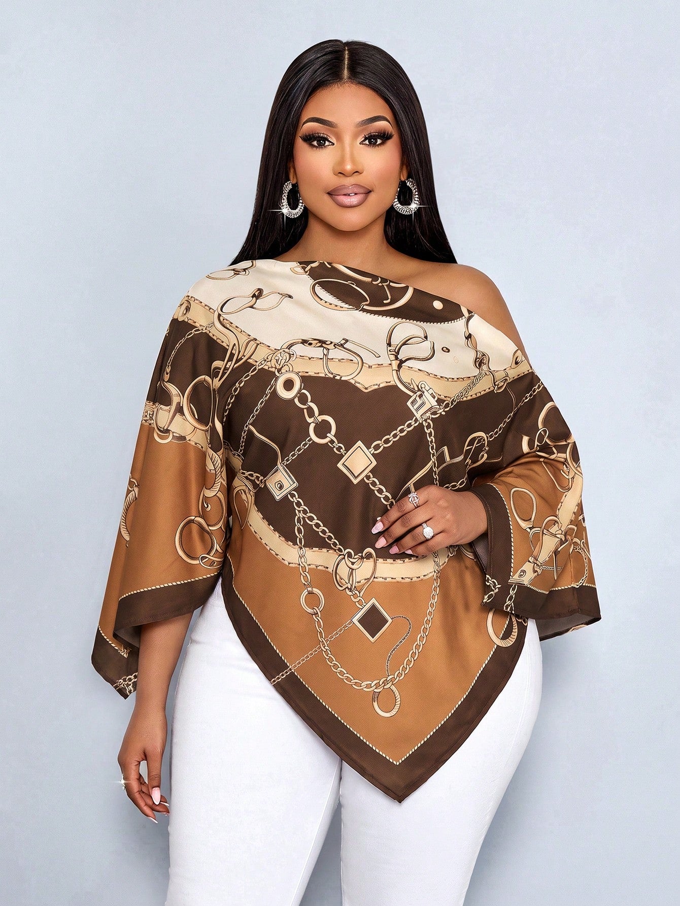 SOLERSUN Plus Size Women's Autumn/Winter Fashion Casual Elegant Old Money Style Asymmetrical Neck Asymmetrical Shoulder Blouse With Scarf Hem Loose Fit Geometric Positioned Print Brown Khaki Orange Mu
