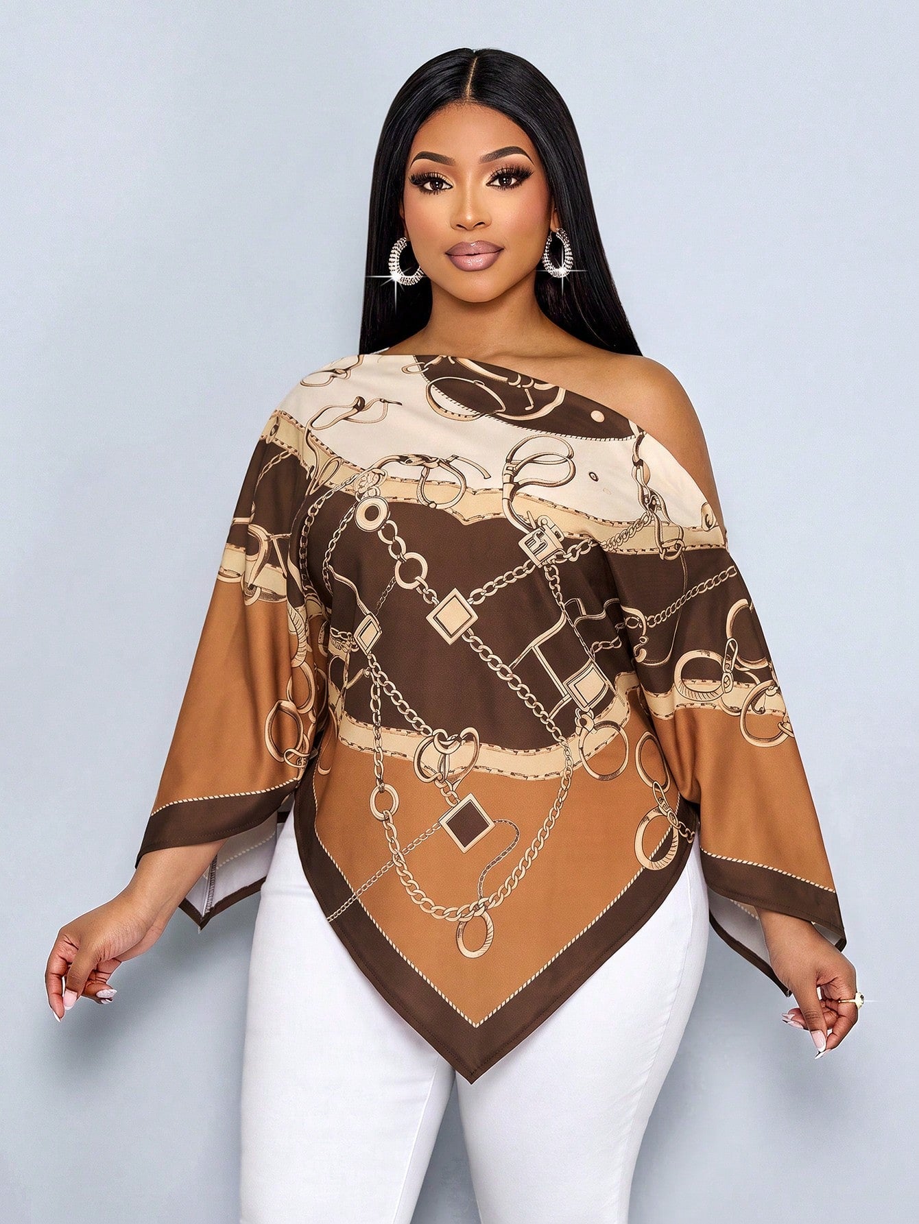 SOLERSUN Plus Size Women's Autumn/Winter Fashion Casual Elegant Old Money Style Asymmetrical Neck Asymmetrical Shoulder Blouse With Scarf Hem Loose Fit Geometric Positioned Print Brown Khaki Orange Mu