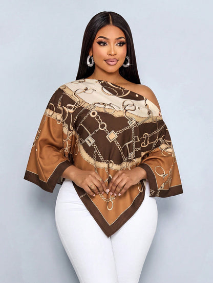 SOLERSUN Plus Size Women's Autumn/Winter Fashion Casual Elegant Old Money Style Asymmetrical Neck Asymmetrical Shoulder Blouse With Scarf Hem Loose Fit Geometric Positioned Print Brown Khaki Orange Mu