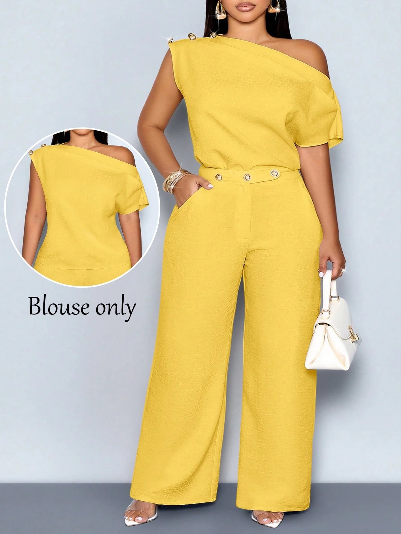 SOLERSUN Women's Plus Size Spring/Summer Elegant Asymmetric Collar Sleeveless Metal Button Fitted Solid Color Off-Shoulder Blouse, Office Date Evening Commute Casual Everyday Minimalist Top