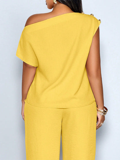 SOLERSUN Women's Plus Size Spring/Summer Elegant Asymmetric Collar Sleeveless Metal Button Fitted Solid Color Off-Shoulder Blouse, Office Date Evening Commute Casual Everyday Minimalist Top